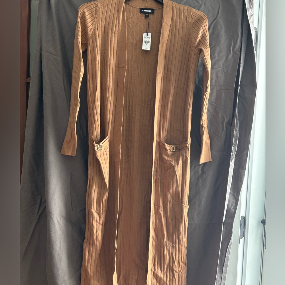 Express Tan Long Cardigan with Pockets